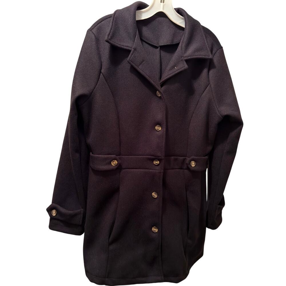 NEW Women's Pea Coat Mid Length Trench Style Jacket Button Front Black Size S